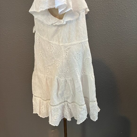 LULUS WHITE EYELET LACE BABYDOLL MINI DRESS DEEP V NECK TIERED FLUTTER SLEEVES M - Picture 13 of 15